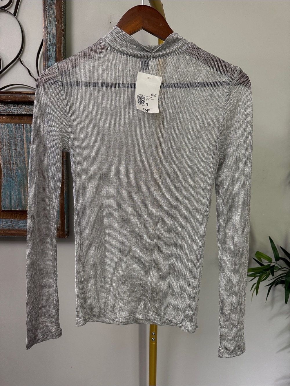 Forever 21 Silver Sheer Metallic Long Sleeve Top mock turtleneck NWT S